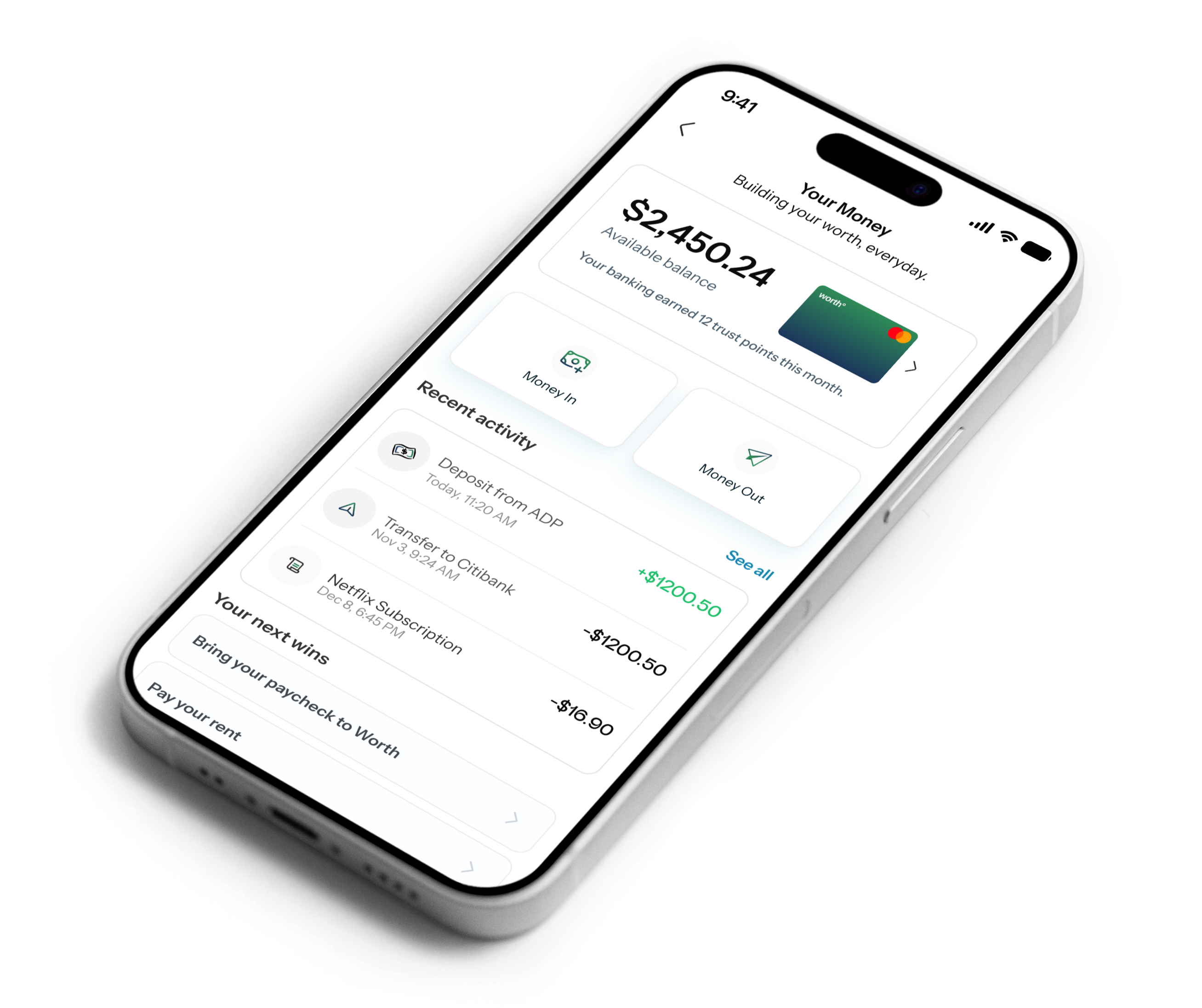 Worth app on iPhone showing banking dashboard with balance, transactions, and financial progress features